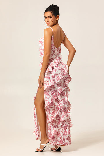Blush Floral Sheath Ruffled Long Wedding Guest Dress with Slit